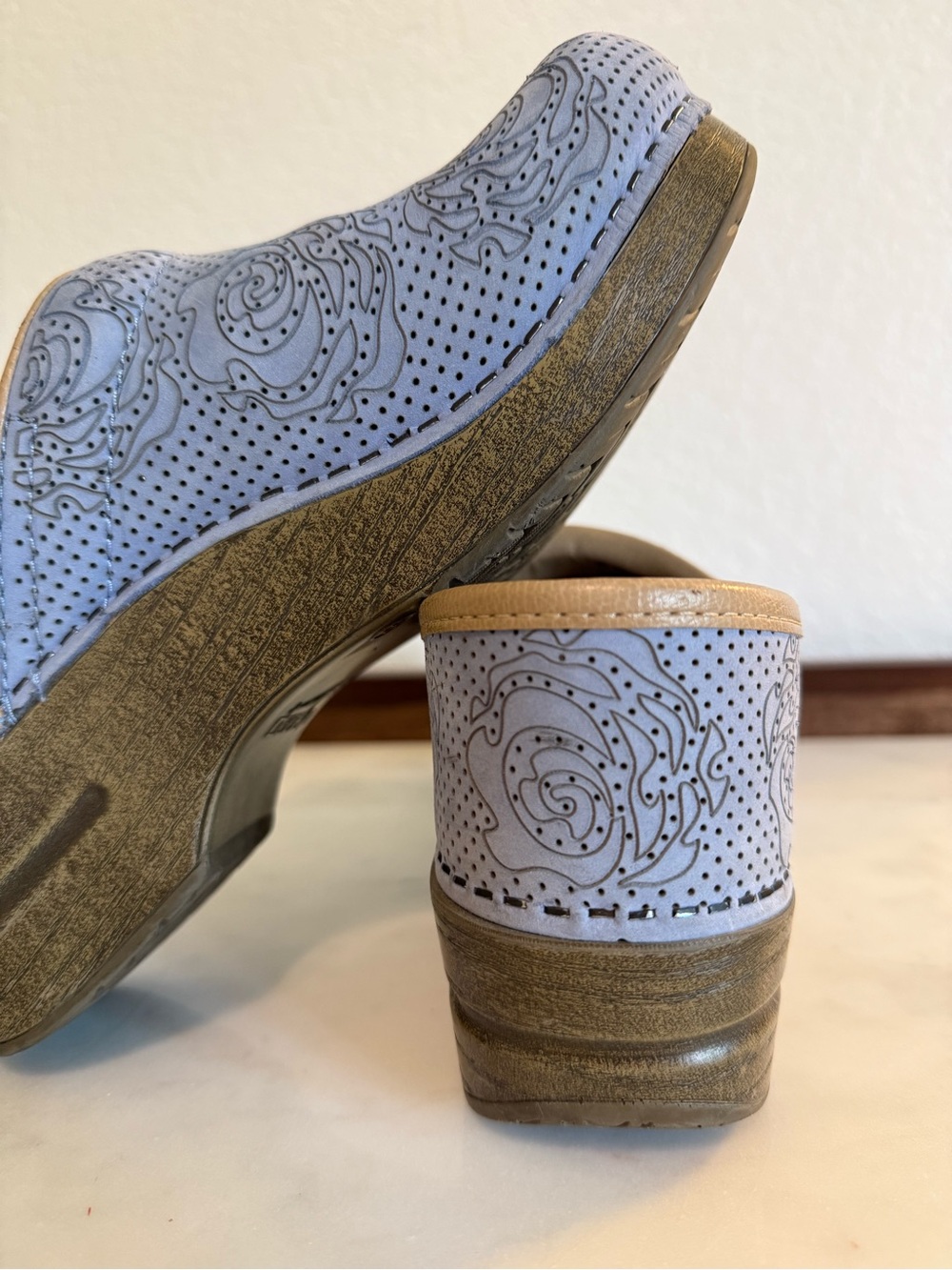Dansko Light Blue Perforated Floral Clog with Tan Trim - Picture 5 of 7